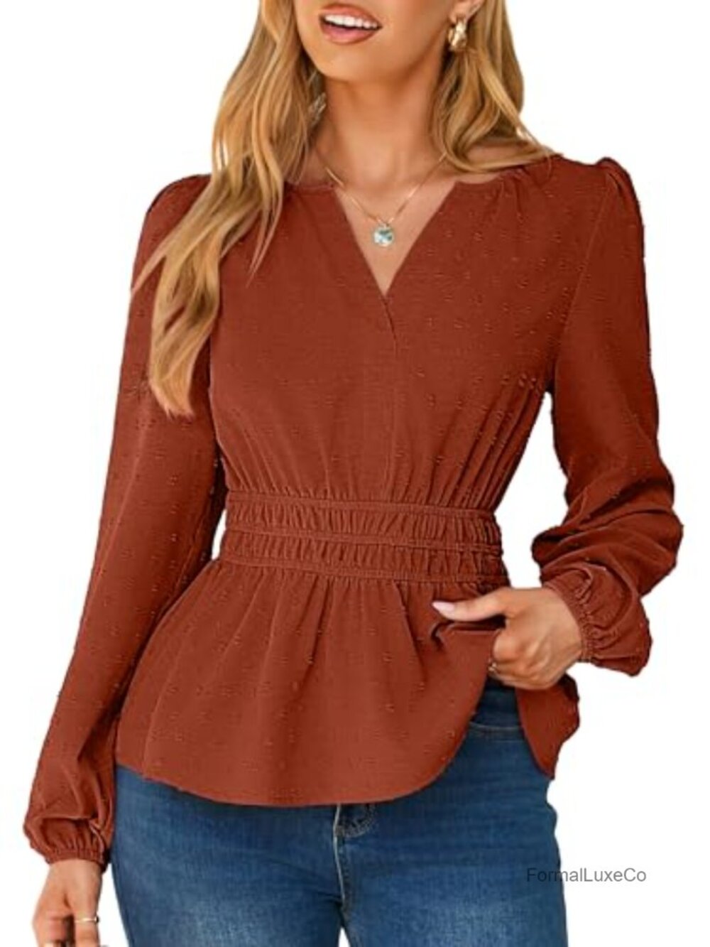 Simplee Women's Swiss Dot Peplum Blouse Long Sleeve V-Neck Babydoll Top